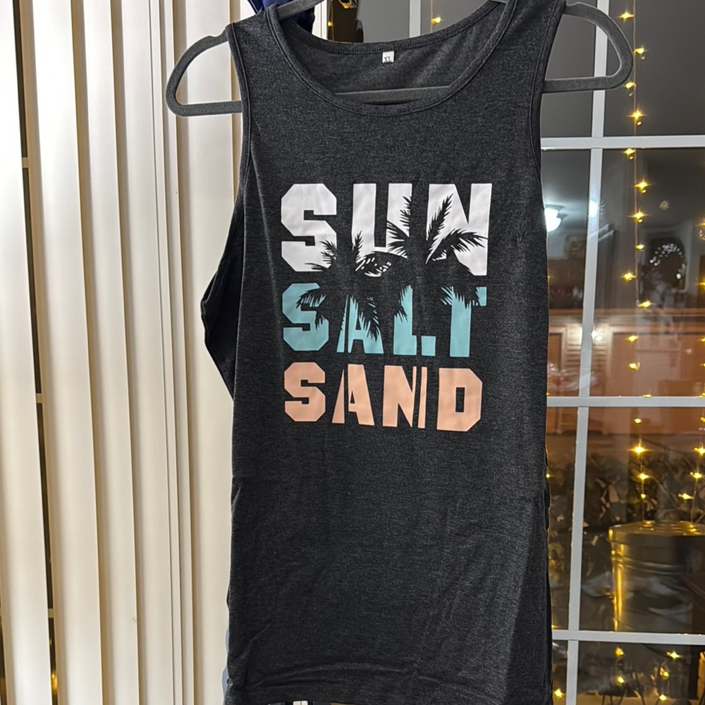 NEW.. Black Graphic Tank Top with Sun Salt Sand Print